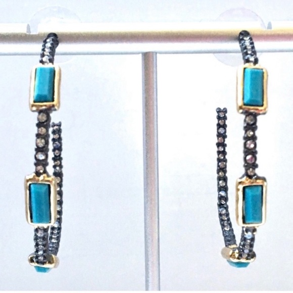 Alexis Bittar Lightweight Turquoise Black Gold Baguette Punk Hoop Post Earrings - Picture 5 of 9